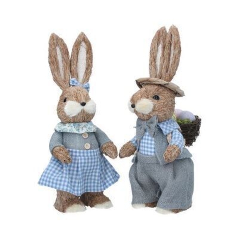 Choice of Two put Boy or Girl in special instructions when ordering. Straw boy and girl bunny ornaments in blue gingham and grey outfits. The perfect addition to your home for Easter. By Gisela Graham.